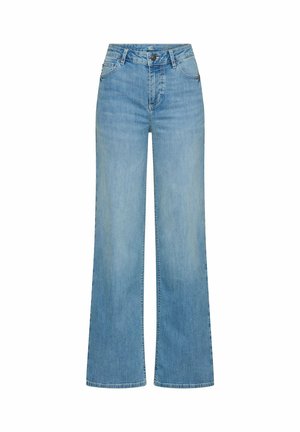 Lyseblå, højtaljede cowboybukser med vidde i benene, frontknap, lynlås og design med fem lommer.