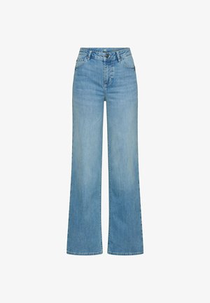 Jasnoniebieskie jeansy z wysokim stanem, szerokimi nogawkami, z przodu zapięcie na guziki i zamek oraz pięcioma kieszeniami.