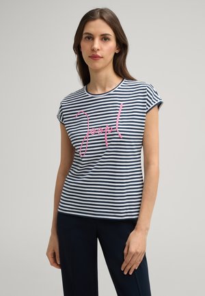 Navy and white striped cotton T-shirt with short sleeves and a round neckline, featuring a pink "Joop!" graphic on the front.