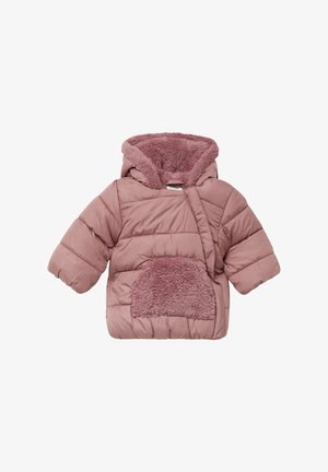 Giacca puffer rosa chiaro con cappuccio morbido e testurizzato e tasca con patta. Presenta un design trapuntato e maniche corte e larghe per maggiore calore.
