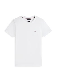 Plain white short-sleeve round neck t-shirt with small red, white, and blue logo on the left chest area.