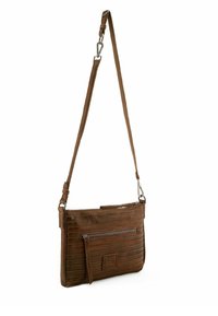 Brown leather crossbody bag with a textured striped design, featuring a front zip pocket and an adjustable strap.