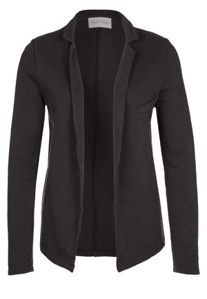 Černé sako s otevřeným předním dílem, dlouhými rukávy a klopovým límcem s výřezem, s kapsou na levé straně na hrudi.