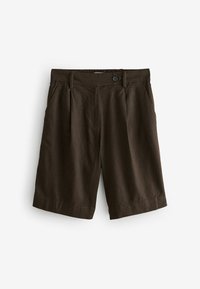 Bruna shorts i lättviktsmaterial med flat front, två sidofickor och knappstängning. Nederkant är lätt uppvikt.