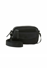 Schwarze Ledertasche zumUmhängen mit strukturiertem Oberflächen, Reißverschlussfächern und einem abnehmbaren Tragegurt mit LOGO-Muster. Kompaktes und funktionales Design.