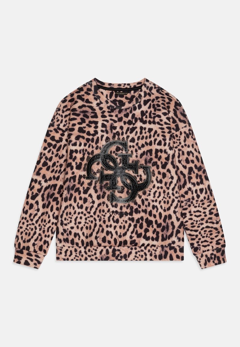 Sweat-shirt à manches longues imprimé léopard avec logo GUESS entrelacé clouté noir sur le devant, col rond et poignets côtelés.