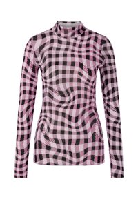 Long-sleeve top in pink and black checkered pattern, with a high neck and soft, textured fabric. Smooth finish with a fitted shape.