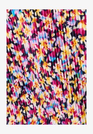 Helles, mehrfarbiges plissiertes Gewebe mit abstraktem Blumenmuster in Rot-, Gelb-, Blau-, Pink-, Schwarz- und Weißtönen.