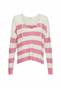 Jersey de punto de manga larga con amplias rayas horizontales blancas y rosas y un escote en V con cordones adjuntos.