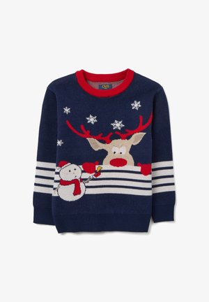 Marineblaues Kinderpullover mit rotem Kragen, weißen Streifen, Schneeflocken, einem rot-nasigen Rentier und einem Schneemann, der eine Glocke hält.