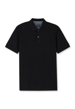 Polo noir à manches courtes avec patte à deux boutons et col classique, posé à plat sur un fond blanc.