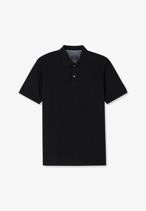 Polo noir à manches courtes avec patte à deux boutons et col classique, posé à plat sur un fond blanc.