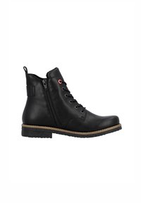 Bottines en cuir noir avec une fermeture éclair sur le côté, un laçage à l'avant, une semelle texturée et un petit accent rouge sur le côté.