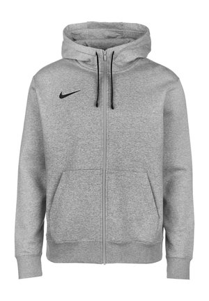 Grå hættetrøje med lynlås, forlommer, sorte snore og et sort Nike-logo på venstre bryst.