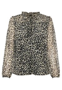 Blouse à imprimé léopard en tissu transparent. Comprend un col haut froncé et des manches longues avec des poignets élastiques. Principalement beige avec des taches noires.