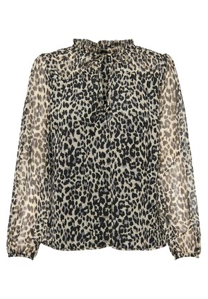 Leopard print blouse in sheer fabric. Features ruffled high neck and long sleeves with elastic cuffs. Predominantly beige with black spots.