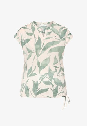 Weiße Bluse mit kurzen Ärmeln, grünen Blattmustern, V-Ausschnitt und seitlicher Bindung am Saum.