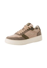 Sneakers din suede bej și măslin, cu detalii perforate, o talpă groasă albă și șireturi bej. Vârf rotund și guler căptușit.