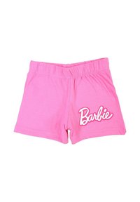 Shorts en coton rose avec une taille élastique, arborant un logo "Barbie" blanc sur le côté gauche. Texture douce, design décontracté.