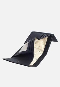 Black leather wallet with a snap closure, featuring an open design, textured exterior, and a light-colored interior with geometric patterns.