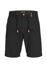 Black shorts with a woven drawstring, button closure, and leather accents. Made of lightweight fabric with a straight-cut design, no patterns.