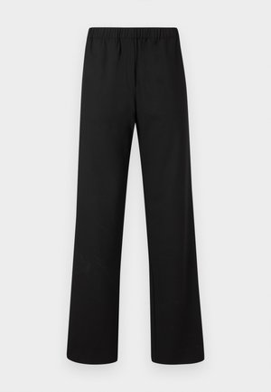 Melni elastīga vidukļa taisnas bikses no gluda auduma, ar plakanu priekšpusi, bez redzamām kabatām vai dekorācijām.