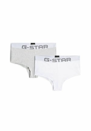 Deux paires de boxers taille basse, un gris et un blanc, tous deux avec une ceinture blanche portant l'inscription G-STAR en lettres grises.
