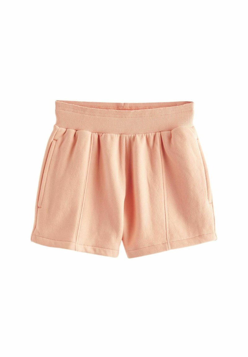 Ferskenfarvede bomuldsshorts med bred elastisk talje, to sidelommer og blød tekstur. Har plisseret design med rene afslutningskanter.