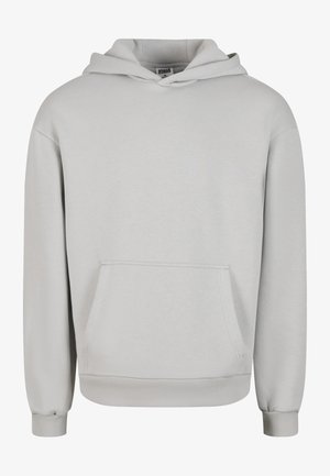 Light gray hoodie made of soft cotton blend material, featuring a front pocket, a drawstring hood, and ribbed cuffs and hem.