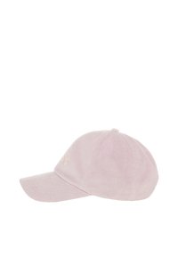Rosa Cordura-Baseballmütze mit gebogenem Schirm, genähten Panels und subtiler bestickter Verzierung an der Vorderseite. Strukturierter Stoff und runder Oberteil.