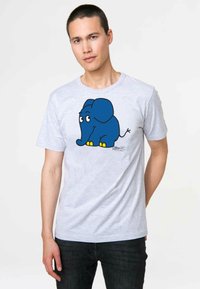 Gray cotton T-shirt featuring a blue cartoon elephant with yellow feet, positioned centrally on the front. Short sleeves and crew neck design.
