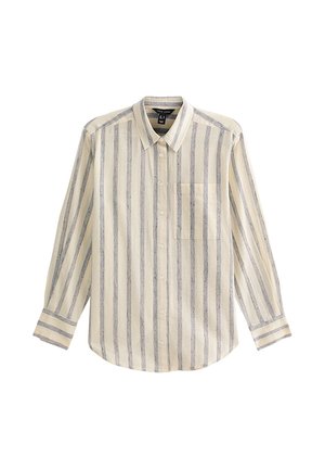 Camisa de manga larga beige con rayas verticales azules, cierre frontal con botones, un bolsillo en el pecho y cuello estándar.