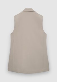 Beige ärmellose Bluse mit spitzem Kragen, glatter Textur und gerade geschnitten. Rückansicht zeigt einfaches Design ohne Verzierungen.