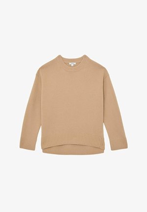 Smėlio spalvos megztinis su apvalia iškirpte, ribuotais rankogaliais ir apačia, pasižymintis laisvu siluetu ir lygiu audiniu.