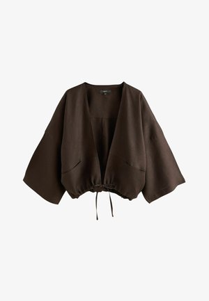 Mørkebrun, løs, cropped jakke med vide ærmer, åben front, to sidelommer og justerbar snøre i kanten.