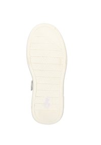 Sole di scarpa in gomma bianca con presa testurizzata, caratterizzata da un motivo zigzag e indentazioni circolari, con segni di usura leggeri vicino al centro inferiore.