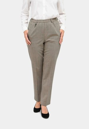 Pantalons à carreaux gris avec taille élastique et poches latérales. Design à l'avant plat, forme de jambe droite et texture légèrement brillante.