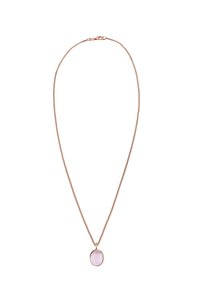 Rosenfarvet kædedesign med en oval lyserød stenpendant. Kæden har en fin tekstur med en sikker lukning. Enkel og elegant design.