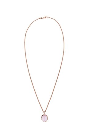 Halskette aus Roségold mit einem ovalen rosa Steinhaenger. Die Kette hat eine feine Textur und einen sicheren Verschluss. Einfaches und elegantes Design.