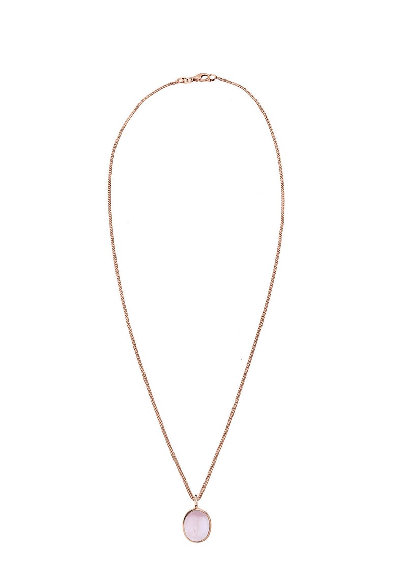 Rosenfarvet kædedesign med en oval lyserød stenpendant. Kæden har en fin tekstur med en sikker lukning. Enkel og elegant design.