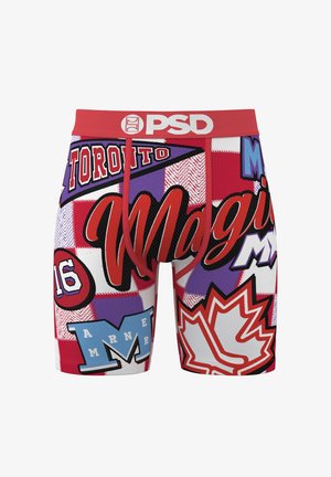 Rode boxershorts met diverse afbeeldingen, waaronder "Toronto", een esdoornblad en spelersnamen, met een ademend mesh-design.