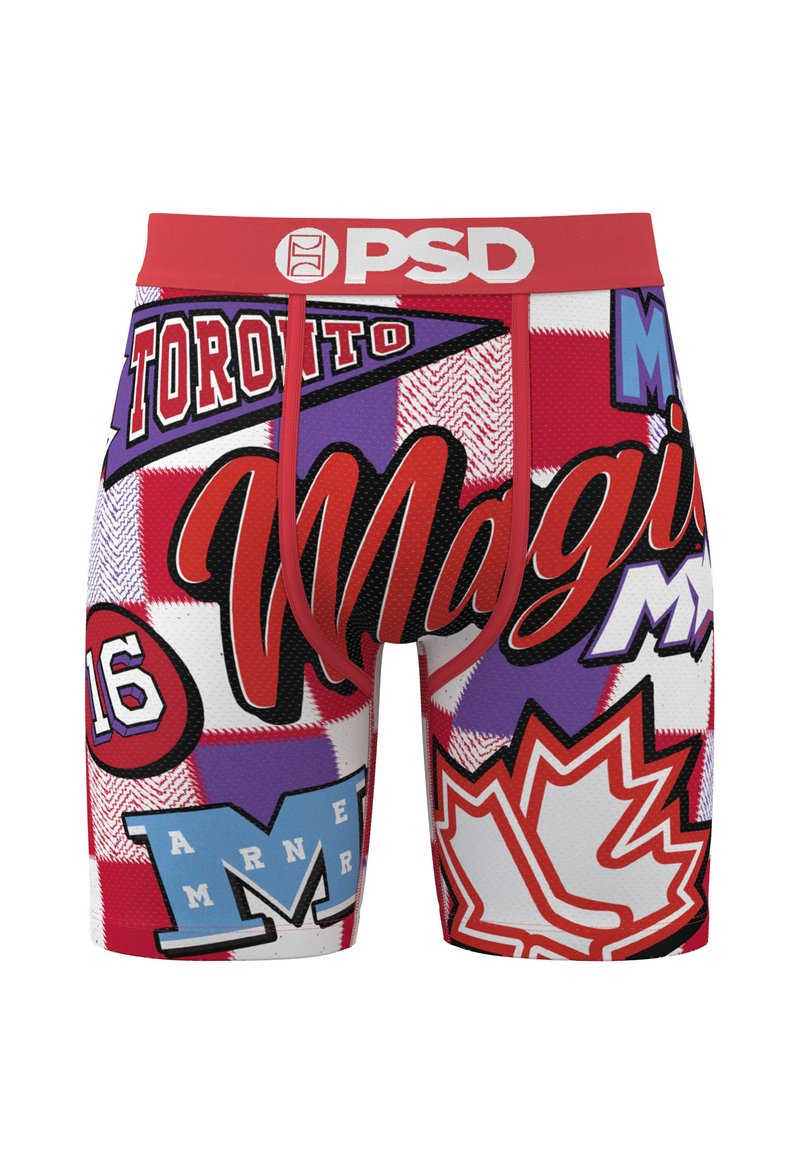 Boxer rossi con una varietà di grafiche, tra cui "Toronto", una foglia d'acero e nomi di giocatori, caratterizzati da un design a rete traspirante.