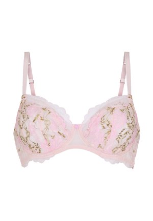 Hellrosa Spitzen-BH mit grüner und rosa Blumenstickerei, verstellbaren Trägern und einer kleinen Rosendekoration in der Mitte vorne.