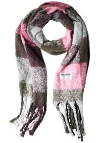 Mønstret tørklæde i flere farver med nuancer af pink, hvid, grøn og brun. Fremstillet af blødt stof med frynsede kanter og et mærke.