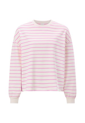 Bluză albă cu mâneci lungi, cu dungi orizontale violet deschis, guler rotund și manșete striate.