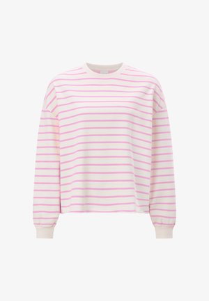 Bela majica z dolgimi rokavi z vijoličnimi horizontalnimi črtami svetle barve, okrogel izrez in rebrasti manšeti.