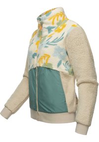 Giacca in pile con zip, parte superiore a fantasia floreale nelle tonalità crema, azzurro chiaro e giallo; sezione inferiore in teal uniforme; polsini e orlo a coste.