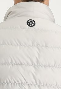 Chaqueta de plumas gris clara con costuras horizontales, un cuello alto y un parche redondo negro en la parte posterior. Tejido liso y resistente al agua.