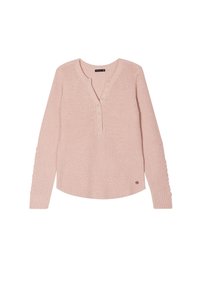 Helles rosa gestricktes Sweatshirt mit V-Ausschnitt, Knopflever und strukturiertem Muster. Lange Ärmel mit gerippten Akzenten an den Bündchen.