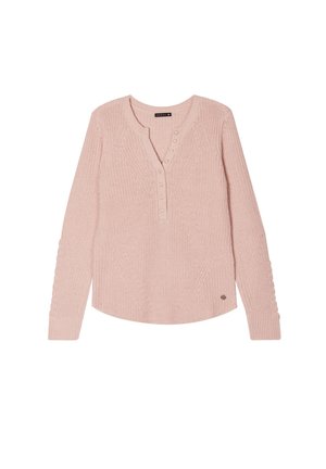 Maglione lavorato a maglia rosa chiaro con scollo a V, chiusura a bottoni e motivo testurizzato. Maniche lunghe con dettagli a costine sui polsini.